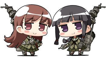 2girls adapted_turret black_hair black_neckerchief blunt_bangs braid brown_eyes brown_hair chibi commentary_request flipped_hair full_body green_sailor_collar green_serafuku green_shirt green_skirt hair_over_shoulder kantai_collection kitakami_(kancolle) kitakami_kai_(kancolle) long_hair machinery mast multiple_girls neckerchief ooi_(kancolle) ooi_kai_(kancolle) pleated_skirt purple_eyes sailor_collar school_uniform serafuku shirt simple_background single_braid skirt smile smokestack white_background yagumo_kengou
