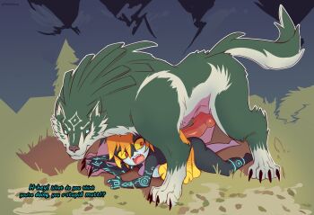 1boy 1girl animal_penis barefoot bestiality black_skin blank_eyes blonde_hair blue_eyes breasts claws closed_mouth colored_sclera colored_skin colored_tips constricted_pupils english_text erection forest full_body grass grey_skin hair_between_eyes hetero highres imminent_penetration knotted_penis link long_hair looking_back lying midna morpskorp multicolored_hair multicolored_skin nature neon_trim nintendo on_ground on_stomach open_mouth orange_hair outdoors outline penis penis_awe pointy_ears red_eyes small_breasts standing talking the_legend_of_zelda the_legend_of_zelda:_twilight_princess two-tone_hair two-tone_skin white_outline wide-eyed wolf wolf_link yellow_sclera