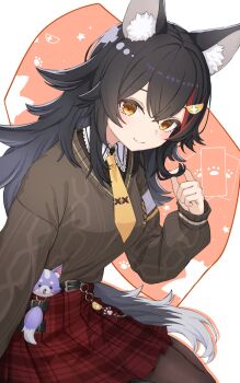 1girl animal_ear_fluff animal_ears belt black_belt black_hair black_pantyhose brown_shirt brown_sweater closed_mouth collared_shirt contrast_collar double-parted_bangs flipped_hair hair_between_eyes hair_ornament hairclip hand_up hashtag-only_commentary highres hololive long_hair looking_at_viewer miniskirt miofa_(ookami_mio) necktie official_alternate_costume ookami_mio ookami_mio_(10th_costume) pantyhose plaid_clothes plaid_skirt pleated_skirt red_skirt red_streaks ryuga_(balius) shirt short_necktie sidelocks skirt smile solo spiked_hair sweater sweater_partially_tucked_in twirling_hair v-neck very_long_hair virtual_youtuber white_hair wolf_ears wolf_girl yellow_eyes yellow_necktie