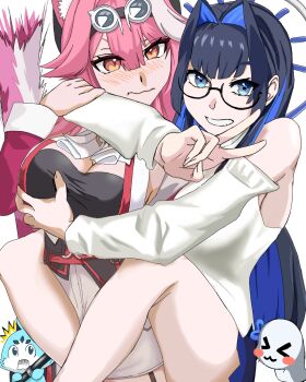 Rule 34 | 2girls, animal ears, black-framed eyewear, black shirt, blue eyes, blue hair, boros (ouro kronii), breasts, cat ears, cat girl, chattino (raora panthera), colored inner hair, commentary request, gagusha, glasses, grabbing another's breast, groping, highres, hololive, hololive english, hug, large breasts, long hair, multicolored hair, multiple girls, official alternate costume, ouro kronii, ouro kronii (maid), pink hair, raora panthera, raora panthera (1st costume), shirt, streaked hair, v, vest, virtual youtuber, white streaks, white vest, yellow eyes