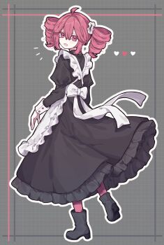 1girl ahoge apron black_boots black_dress blush boots bow commentary_request double-parted_bangs dress drill_hair frills full_body grid_background highres kasane_teto looking_at_viewer looking_back maid maid_apron nasubi_no_manjiu notice_lines open_mouth red_eyes red_hair red_socks sidelocks socks solo twin_drills utau white_bow