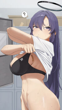 1girl ? absurdres bandaid bandaid_on_breast black_bra blue_archive bottomless bra breasts changing_room commentary_request halo highres indoors large_breasts locker long_hair mechanical_halo mm_(mhm2592) navel purple_eyes purple_hair solo spoken_question_mark stomach underwear undressing very_long_hair yuuka_(blue_archive)