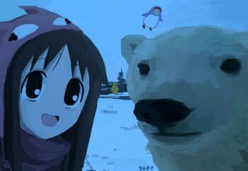 Rule 34 | animal costume, azumanga daiou, bear, flying, grey sky, hat, kasuga ayumu, li shay, mihama chiyo, mihama chiyo's father, open mouth, penguin costume, polar bear, sky, snow, winter