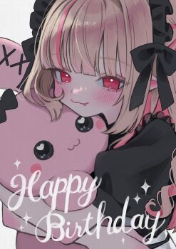 Rule 34 | 1girl, :3, black headdress, blonde hair, blunt bangs, blush, bow, closed mouth, colored inner hair, curly hair, debitto (makaino ririmu), elbow blush, eyeshadow, fang, gothic lolita, heart, heart in eye, highres, holding, holding stuffed toy, lolita fashion, looking at viewer, makaino ririmu, makaino ririmu (5th costume), makeup, multicolored hair, nelta rene, nijisanji, pink eyeshadow, pink hair, pink streaks, pointy ears, red eyes, smile, solo, streaked hair, stuffed animal, stuffed rabbit, stuffed toy, symbol in eye, virtual youtuber