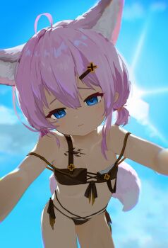 1girl absurdres ahoge animal_ear_fluff animal_ears areola_slip arknights bare_shoulders bent_over bikini black_bikini blue_eyes closed_mouth cloud cloudy_sky cowboy_shot day dot_nose dripping extra_ears flat_chest foreshortening fox_ears fox_girl fox_tail from_below front-tie_bikini_top front-tie_top hair_ornament hairclip highres huge_filesize loli looking_at_viewer material_growth navel off-shoulder_bikini off_shoulder official_alternate_costume oripathy_lesion_(arknights) outstretched_arms pink_hair short_hair short_twintails side-tie_bikini_bottom sky solo spread_arms sun sunlight sussurro_(arknights) sussurro_(summer_flower)_(arknights) swimsuit tail twintails water_drop xiao_kuan_fly