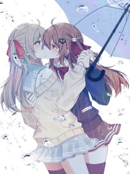 2girls absurdres ahoge arm_behind_back black_cardigan black_skirt black_thighhighs blue_eyes blue_sailor_collar blue_skirt blue_umbrella bow bowtie broken_heart broken_heart_hair_ornament brown_hair cardigan commentary commission cowboy_shot dress_shirt english_commentary evil_neuro-sama from_side hair_ornament hair_ribbon hand_grab heart highres kiss long_hair long_sleeves miniskirt multiple_girls neuro-sama pleated_skirt profile rain red_bow red_bowtie red_eyes red_ribbon ribbon ritzchrono sailor_collar second-party_source shirt siblings simple_background single_thighhigh sisters skirt skull_hair_ornament thighhighs twins umbrella vedal_ai virtual_youtuber water_drop white_background white_shirt yellow_cardigan yuri