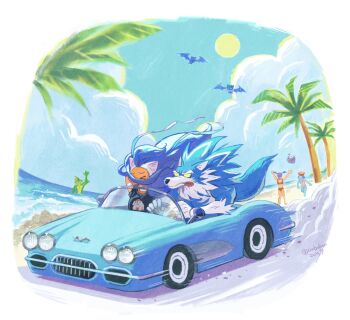 >_< animal_ears beach blue_fur blue_hair body_fur car cat_ears cat_girl character_request darkstalkers driving felicia_(darkstalkers) hsien-ko jon_talbain lilith_(darkstalkers) long_hair motor_vehicle ocean ooobxdooo palm_tree rikuo_(darkstalkers) sasquatch_(darkstalkers) sun tongue tongue_out tree water wolf