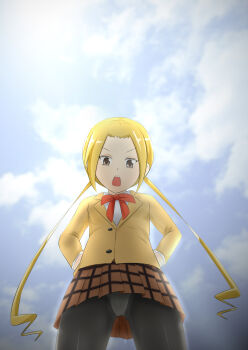 1girl absurdres black_pantyhose blonde_hair bow bowtie brown_eyes brown_skirt cloud cloudy_sky cowboy_shot female_focus from_below hagimura_suzu hair_intakes hands_on_own_hips highres loli long_hair long_sleeves looking_at_viewer looking_down open_mouth panties panties_under_pantyhose pantyhose plaid_clothes plaid_skirt pleated pleated_skirt red_bow red_bowtie school_uniform seitokai_yakuindomo shirt skirt sky solo standing teeth twintails underwear upper_teeth_only white_panties xavi3317 yellow_eyes yellow_shirt