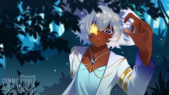 Rule 34 | 1boy, absurdres, arm up, blue eyes, blue shirt, blurry, blurry foreground, colored eyelashes, commentary, commission, dark-skinned male, dark skin, english commentary, eyepatch, fangs, forest, grey hair, highres, holding, jacket, kuraedo, looking at viewer, male focus, nature, open clothes, open jacket, original, parted lips, shirt, short hair, skin fangs, smile, solo, star eyepatch, upper body, vgen commission, white jacket