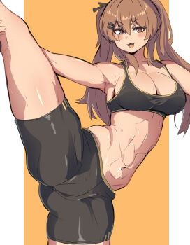 1girl bare_shoulders bike_shorts blush breasts brown_hair cleavage crop_top exercising flexible girls'_frontline girls'_frontline_2:_exilium hair_between_eyes hair_ornament hairclip highres holding_own_leg long_hair medium_breasts midriff navel nyanpu orange_eyes solo split sportswear standing standing_on_one_leg standing_split twintails ump9_(girls'_frontline) yellow_eyes