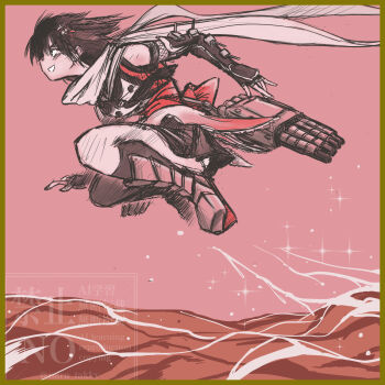 1girl asymmetrical_legwear black_gloves black_skirt black_socks black_thighhighs buttons commentary_request double-breasted fingerless_gloves gauntlets gloves highres kantai_collection kneehighs ninja orange_shirt running sendai_(kancolle) sendai_kai_ni_(kancolle) shirt short_hair single_kneehigh single_sock single_thighhigh skirt socks solo taka_two thighhighs torpedo_launcher two_side_up ump uneven_legwear water