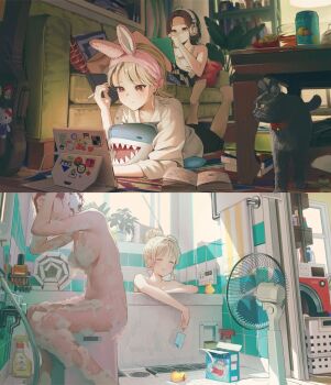 2girls animal_ears armpits arms_up bare_shoulders barefoot bath bath_stool bathing bathroom bathtub black_cat blonde_hair book book_stack bottle bow bowtie breasts brown_eyes brown_hair cable can cat closed_eyes commentary completely_nude convenient_censoring couch cup cushion detergent electric_fan english_commentary fake_animal_ears faucet food from_below grate guitar_case hair_up headband headphones hello_kitty hello_kitty_(character) highres holding holding_food holding_ice_cream holding_stylus ice_cream ice_cream_bar indoors instrument_case laundry laundry_basket legs_up lying medium_breasts midori_matsukaze mole mole_under_eye multiple_girls nude on_stomach open_book open_box original pillow pink_headband plant popsicle red_bow red_bowtie rubber_duck sanrio shampoo_bottle shelf shirt sideboob sitting slit_pupils smile soap soap_bubbles soap_censor split_screen spray_bottle sticker stool striped_towel stuffed_animal stuffed_shark stuffed_toy stylus table tablet_pc tank_top thermostat tile_wall tiles towel vase washing_hair washing_machine water wet white_shirt window yellow_eyes