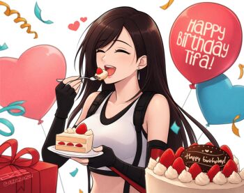 1girl artist_logo azezazel balloon bare_shoulders birthday birthday_cake black_hair box breasts cake cake_slice character_name closed_eyes commentary confetti crop_top earrings english_commentary final_fantasy final_fantasy_vii final_fantasy_vii_remake fingerless_gloves food fork fruit gift gift_box gloves happy_birthday heart heart_balloon holding holding_cake holding_food holding_fork jewelry large_breasts logo long_hair open_mouth pink_lips solo strawberry suspenders swept_bangs tank_top tifa_lockhart twitter_username upper_body white_tank_top