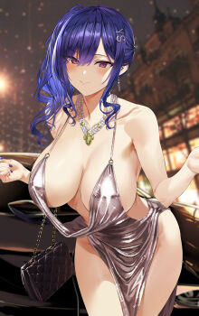 1girl absurdres azur_lane backless_dress backless_outfit bag bare_shoulders blue_hair blush breasts building car center_opening cleavage closed_mouth collarbone cowboy_shot dress earrings elbow_carry evening_gown hair_between_eyes hair_ornament halter_dress halterneck handbag highres hiiragi_yuuichi huge_filesize jewelry large_breasts leaning_forward looking_at_viewer motor_vehicle nail_polish necklace night night_sky official_alternate_costume plunging_neckline purple_eyes purple_nails revealing_clothes side_ponytail sidelocks silver_dress sky smile solo st._louis_(azur_lane) st._louis_(luxurious_wheels)_(azur_lane) thighs undressing