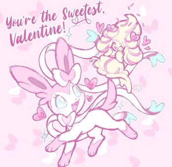 Rule 34 | alcremie, alcremie (love sweet), alcremie (vanilla cream), artist request, english text, fairy wings, gen 6 pokemon, gen 8 pokemon, heart, nintendo, no humans, pink background, pink fur, pink theme, pokemon, pokemon (creature), sparkle, sylveon, third-party source, valentine, white fur, wings