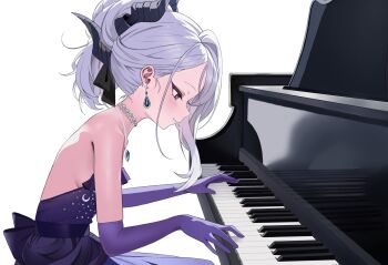 1girl backless_dress backless_outfit bare_back bare_shoulders black_ribbon blue_archive blush bow chichi5809 collarbone commentary crescent_print demon_girl demon_horns dress earrings elbow_gloves evening_gown frilled_dress frills gloves grand_piano hair_between_eyes hair_bow hair_ribbon highres hina_(blue_archive) hina_(dress)_(blue_archive) horns instrument jewelry leaning_forward long_hair looking_afar music necklace official_alternate_costume official_alternate_hairstyle parted_lips pearl_necklace pendant pendant_earring piano playing_instrument playing_piano ponytail profile purple_dress purple_eyes purple_gloves ribbon sidelocks simple_background single_earring sitting sleeveless sleeveless_dress smile solo starry_sky_print strapless strapless_dress upper_body wavy_hair white_hair