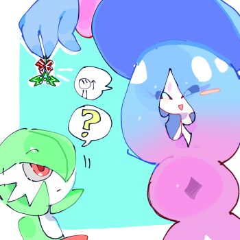 2girls ? arrow_(symbol) beta_(pixiv_109013543) black_sclera blue_background blue_hair blue_hat blush bob_cut border bow colored_sclera colored_skin female_focus flat_chest gardevoir gen_3_pokemon gen_8_pokemon gradient_hair green_hair green_skin hair_over_one_eye happy hat hatterene highres holding holding_mistletoe interspecies light_blush long_hair looking_at_another looking_up mistletoe motion_lines multicolored_hair multicolored_skin multiple_girls nintendo one_eye_covered open_mouth outside_border pink_hair pokemon pokemon_(creature) prehensile_hair red_bow red_eyes short_hair sidelocks simple_background smile speech_bubble spoken_question_mark standing two-tone_hair two-tone_skin upper_body very_long_hair white_border white_eyes white_skin witch_hat yuri