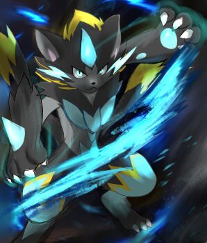animal_ears animal_nose black_fur blue_eyes blue_fur body_fur cat claws electricity fangs furry highres horns mega_pokemon mega_zeraora nintendo pokemon pokemon_(creature) senran5238 single_horn spikes two-tone_fur v-shaped_eyes whiskers yellow_trim