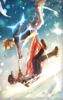 2boys :d absurdres black_gloves black_hat blue_oak blue_oak_(arc_suit) brown_hair chromatic_aberration commentary_request eye_contact falling feathers fingerless_gloves from_side gloves grabbing_another&#039;s_arm grey_pants hat highres jacket looking_at_another male_focus multiple_boys nintendo official_alternate_costume open_mouth pants pokemon pokemon_masters_ex red_(anniversary_2025)_(pokemon) red_(pokemon) shiruko_(s1ruko) shoes short_hair smile spiked_hair