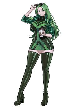 1girl absurdres coffee drink green_eyes green_hair green_jacket green_nails green_thighhighs high_heels highres holding holding_drink holding_removed_eyewear jacket long_hair looking_at_viewer marvel marvel_future_fight polaris_(x-men) sleeves_rolled_up thighhighs unworn_eyewear x-men zeon_(zzeeonn)