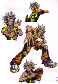 Rule 34 | 1boy, absurdres, artbook, beatmania iidx, beatmania iidx 5th style, bemani, blonde hair, dark-skinned male, dark skin, full body, goli matsumoto, headphones, highres, holding record, k-na, male focus, multiple views, official alternate costume, official art, orange pants, pants, purple shoes, scan, shirt, shoes, simple background, spiked hair, third-party source, vinyl record, white background, yellow shirt