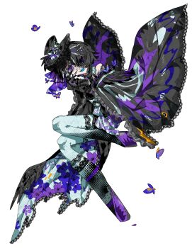Rule 34 | 1girl, absurdres, black gloves, black hair, black hat, black kimono, blue tongue, bug, butterfly, butterfly hair ornament, butterfly wings, chinese commentary, claws, colored tongue, commentary request, floating clothes, frilled sleeves, frilled thighhighs, frills, full body, gloves, hair ornament, hat, highres, housho margo, insect, insect wings, japanese clothes, kimono, kun yi xunhuan, lolita fashion, long sleeves, looking at viewer, magical girl, mahou shoujo no majo saiban, purple butterfly, purple eyes, short hair, simple background, smile, solo, spoilers, thighhighs, wa lolita, white background, white thighhighs, wide sleeves, wings
