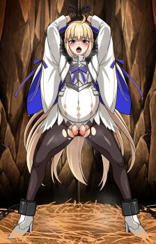 1girl absurdres aesc_(fate) aesc_(savior)_(fate) ahoge ankle_cuffs aqua_eyes armor bar_censor bdsm black_gloves black_pantyhose blonde_hair blue_eyes bondage bound bound_wrists bow breastplate censored chain chained chained_ankles chained_cuffs commentary_request commission commissioner_upload cuffs dress fate/grand_order fate_(series) female_focus gloves hay high_heels highres large_variant_set long_hair no_panties non-web_source open_mouth pantyhose pregnant pussy pussy_juice restrained rope solo standing standing_with_legs_apart textless_version torn torn_clothes torn_pantyhose variant_set white_dress wrists_tied_together yagami_(mukage)