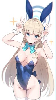 1girl absurdres animal_ears aqua_bow aqua_bowtie barefoot blonde_hair blue_archive blue_leotard bow bowtie breasts cleavage detached_collar double_v fake_animal_ears halo highres kumarang leotard long_hair looking_at_viewer medium_breasts official_alternate_costume playboy_bunny rabbit_ears simple_background solo toki_(blue_archive) toki_(bunny)_(blue_archive) v white_background