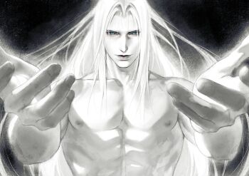 1boy abs absurdres arms_up black_background collarbone commentary curtained_hair english_commentary eyelashes final_fantasy final_fantasy_vii fingernails green_eyes highres lips long_hair male_focus muscular muscular_male nipples nude outstretched_hand pectorals sephiroth shyuuwei simple_background slit_pupils smile solo spot_color straight-on trapezius upper_body very_long_hair