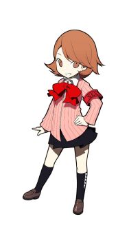 Rule 34 | 1girl, armband, black skirt, black socks, bow, bowtie, brown eyes, brown hair, brown shoes, cardigan, choker, collared shirt, commentary, ear piercing, english commentary, full body, gekkoukan high school uniform, hand on own hip, highres, kneehighs, loafers, long sleeves, looking at viewer, official art, oribe hanako, persona, persona 3, persona q: shadow of the labyrinth, persona q (series), piercing, pink cardigan, pleated skirt, red armband, red bow, red bowtie, s.e.e.s, school uniform, second-party source, shirt, shoes, short hair, simple background, skirt, socks, solo, standing, takeba yukari, white background, white choker, white shirt