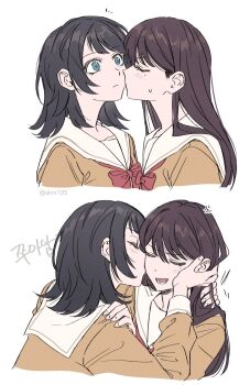 2girls akni bang_dream! bang_dream!_it&#039;s_mygo!!!!! black_hair blue_eyes blush bow bowtie brown_dress brown_hair closed_mouth commentary_request dress hanasakigawa_school_uniform hand_on_another&#039;s_face kiss kissing_cheek korean_commentary long_hair mole mole_under_eye multiple_girls open_mouth red_bow red_bowtie sailor_collar sailor_dress school_uniform shiina_taki simple_background sweatdrop white_background white_sailor_collar yahata_umiri yuri