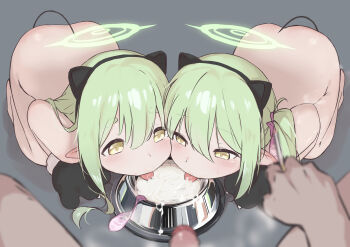 1boy 2girls absurdres all_fours animal_ear_hairband animal_ears animal_hands back bdsm black_tail blue_archive blur_censor bowl cat_ear_hairband cat_ears cat_paws censored cigarette commentary_request completely_nude condom cum cum_in_bowl cum_in_container demon_tail fake_animal_ears gloves gokkun green_eyes green_hair green_halo grey_background hairband halo highres hikari_(blue_archive) holding holding_cigarette loli long_hair multiple_girls nozomi_(blue_archive) nude paw_gloves penis pet_bowl pet_play pointy_ears pov pov_hands rainnico siblings side_ponytail simple_background sisters slave stray_pubic_hair tail tongue tongue_out top-down_bottom-up twins twintails used_condom yellow_eyes