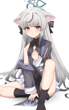 1girl absurdres animal_ear_fluff animal_ears blue_archive blush breasts brown_eyes cleavage_cutout clothing_cutout detached_sleeves grey_hair hair_ribbon halo highres knee_up kokona_(blue_archive) long_hair looking_at_viewer ribbon single_bare_shoulder small_breasts toketa-sekai very_long_hair white_background