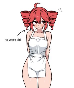 1girl 64vii apron arms_behind_back blush breasts character_age commentary drill_hair english_commentary flying_sweatdrops highres kasane_teto large_breasts mature_female nearly_naked_apron red_eyes red_hair sideboob simple_background solo the_age_of_30_is_in_demand_(meme) thighs twin_drills utau vocaloid white_apron white_background