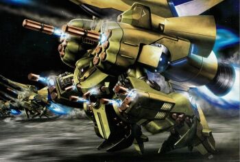 artist_request battle firing gundam gundam_perfect_file gundam_zz machinery magazine_scan mecha mecha_focus missile missile_pod mobile_suit motion_blur neo_zeon official_art one-eyed painting_(medium) realistic robot scan scene_reference science_fiction space thrusters traditional_media zssa