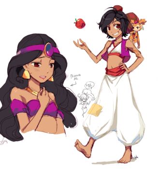 3girls abu_(aladdin) aladdin_(disney) aladdin_(movie) apple barefoot blush bracelet disney earrings english_text food fruit gender_request genderswap genie_(aladdin) jewelry long_hair midriff monkey multiple_girls navel patch short_hair