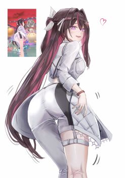 1girl :d absurdres ass asymmetrical_clothes azki_(hololive) black_hair braid collared_shirt colored_inner_hair dhbwinner double-parted_bangs from_behind hair_intakes half_up_half_down_braid hashtag-only_commentary highres hololive hololive_idol_uniform_(color_rise) idol_clothes long_hair looking_at_viewer looking_back mole mole_under_eye multicolored_hair official_alternate_costume open_mouth pants pink_hair pink_streaks purple_eyes screenshot_inset shirt single_pantsleg smile streaked_hair thigh_strap very_long_hair virtual_youtuber white_pants white_shirt white_streaks