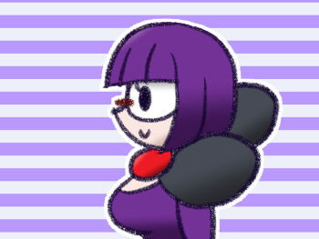 1girl blunt_bangs bob_cut bow breasts galboss glasses large_bow low-cut medium_breasts neck_pillow nintendo pokemon pokemon_bw purple_background purple_hair rimless_eyewear round_eyewear shauntal_(pokemon) short_hair smile striped_background upper_body