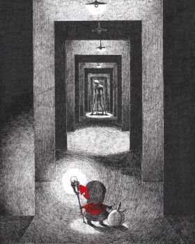 1girl ballpoint_pen_(medium) bow capelet commentary creature crosshatching facing_away greyscale hair_bow hatching_(texture) holding holding_staff horror_(theme) light_bulb monochrome original pen_(medium) red_bow red_capelet sack spot_color staff standing symbol-only_commentary traditional_media vanishing_point yatara