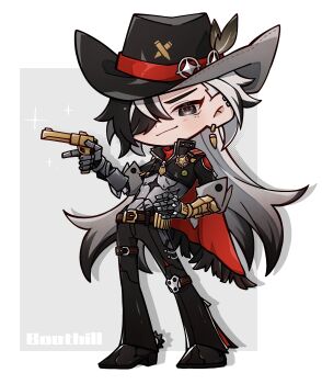 1boy absurdres ammunition_belt belt belt_buckle black_boots black_eyes black_hair black_hat black_jacket black_pants blush boothill_(honkai:_star_rail) boots brown_belt buckle bullet_earrings cape character_name chibi closed_mouth commentary_request cowboy_hat cropped_jacket crossed_bangs crosshair_pupils cyborg drop_shadow earrings gold_earrings grey_background gun hair_over_one_eye hand_on_own_hip hand_up handgun hat hat_feather highres holding holding_gun holding_weapon honkai:_star_rail honkai_(series) jacket jewelry jifu_(gifu_7) knee_pads long_hair looking_at_viewer male_focus multicolored_hair one_eye_covered pants parted_bangs red_cape red_pupils sheriff_badge short_sleeves simple_background single_knee_pad smile smirk solo sparkle spurs standing streaked_hair thigh_belt thigh_strap two-tone_background v-shaped_eyebrows very_long_hair weapon white_background white_hair zipper zipper_pull_tab