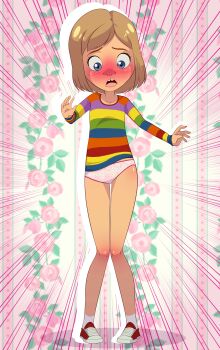 1girl absurdres blonde_hair blue_eyes blush collarbone disney embarrassed flat_chest floral_background highres inside_out loli long_sleeves looking_down multicolored_shirt oot94 open_mouth panties pink_background pink_panties pixar polka_dot polka_dot_panties rainbow_shirt red_shoes riley_andersen scene_reference shirt shoes short_hair sneakers socks standing striped_clothes striped_shirt teeth tooth_gap underwear white_socks