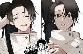 2boys ^_^ absurdres animal arm_behind_head black_eyes black_hair closed_eyes hand_up high_collar highres inumaki_toge jacket jewelry jujutsu_kaisen multiple_boys okkotsu_yuuta open_mouth panda_(jujutsu_kaisen) ring school_uniform short_hair simple_background smile split_screen tokyo_toritsu_jujutsu_koutou_senmon_gakkou upper_body weapon_bag white_background white_jacket yui_(linaw-key08)