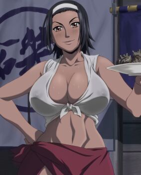 1girl anime_screenshot black_hair blush breasts brown_eyes cleavage dark-skinned_female dark_skin female_focus hairband highres hoods_entertainment large_breasts looking_at_viewer manyuu_hikenchou navel oiso shirt short_hair solo standing stitched takagi_jun third-party_edit wet wet_clothes wet_shirt