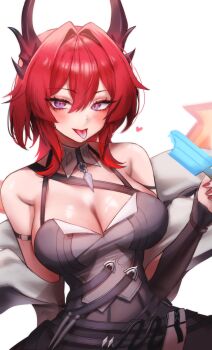 1girl absurdres arknights arknights:_endfield bare_shoulders black_dress breasts cleavage commentary_request demon_girl demon_horns detached_sleeves dress food highres holding holding_food holding_popsicle horns laevatein_(arknights) large_breasts long_hair looking_at_viewer maviss_03 popsicle purple_eyes red_hair solo surtr_(arknights) tongue tongue_out