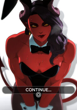 1girl absurdres animal_ears bare_shoulders black_hair black_leotard black_pantyhose bow bowtie breasts cleavage collarbone colored_skin demon demon_girl demon_horns demon_tail detached_collar dispatch earrings english_text fake_animal_ears highres horns jewelry leaning_forward leotard lipstick long_hair looking_at_viewer makeup malevola_(dispatch) medium_breasts muscular muscular_female pantyhose pengu playboy_bunny pointy_ears rabbit_ears red_lips red_skin smile solo strapless strapless_leotard sweat tail white_background wrist_cuffs yellow_eyes