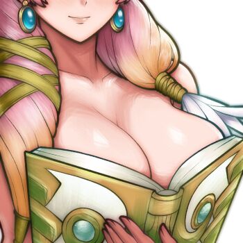 1girl blonde_hair boobs_in_book_(meme) book breast_focus breasts cleavage earrings eyes_out_of_frame facing_viewer fire_emblem fire_emblem_heroes gradient_hair gunnthra_(fire_emblem) head_out_of_frame holding holding_book jewelry large_breasts lips meme multicolored_hair nintendo open_book pink_hair rotomdocs simple_background smile solo upper_body white_background