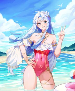 1girl ahoge aqua_eyes ball bare_shoulders beachball blue_sky carlotta_(splashing_summer)_(wuthering_waves) carlotta_(wuthering_waves) casual_one-piece_swimsuit chinese_commentary commentary_request covered_navel day frilled_one-piece_swimsuit frills grin hand_on_own_hip hand_up highres long_hair looking_at_viewer off-shoulder_one-piece_swimsuit off_shoulder official_alternate_costume one-piece_swimsuit outdoors pink_one-piece_swimsuit sky smile solo swimsuit thighs v wading white_hair wuthering_waves zhuqing