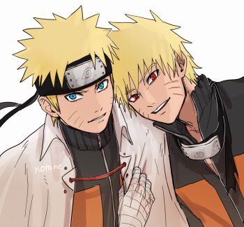 2boys bandaged_arm bandages black_headband blonde_hair blue_eyes cape collared_cape commentary_request dark_persona forehead_protector headband highres male_focus multiple_boys naruto_(series) naruto_shippuuden notane_n red_eyes signature slit_pupils smile uzumaki_naruto white_cape