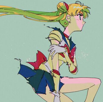 1girl bishoujo_senshi_sailor_moon blonde_hair blue_sailor_collar blue_skirt bow gloves highres magical_girl moon_earrings pochi_(askas_is_god) red_bow sailor_collar sailor_moon simple_background skirt smile solo tsukino_usagi white_gloves