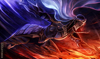 1girl absurdres armor artist_name aura commentary covered_face dancer_of_the_boreal_valley dark_souls_(series) dark_souls_iii dual_wielding english_commentary fire highres holding indoors inktober solo temmaru1 veil